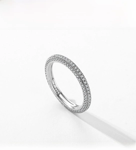 Close-up of S925 sterling silver ring with three rows of micro-paved sparkling crystals