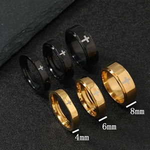 Comparison of black and gold cross rings in 4mm, 6mm, and 8mm width sizes