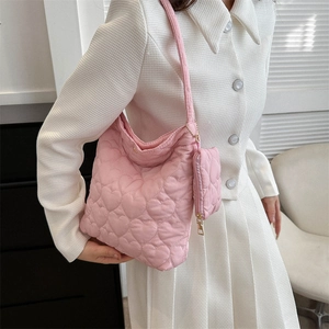 Pink heart-quilted shoulder tote bag for women with matching mini coin purse attachment