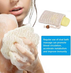 Detail of natural sisal soap bag with wooden bead drawstring for gentle body exfoliation