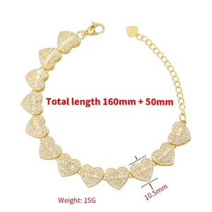Luxury heart-shaped links bracelet with pavé cubic zirconia and adjustable 18K gold plating
