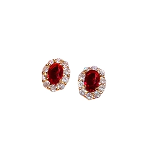 18K gold-plated oval stud earrings featuring a red ruby center and zircon halo