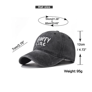 Detailed measurement guide for washed cotton baseball cap with Party Time embroidery