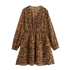 French vintage leopard print dress with V-neck, long sleeves and elastic waist