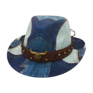 Kids blue denim cowboy hat with leather band and golden bull head ornament