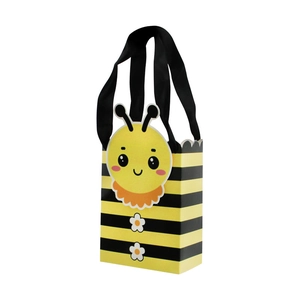 Cartoon bee candy box with yellow and black stripes and black ribbon handles for parties