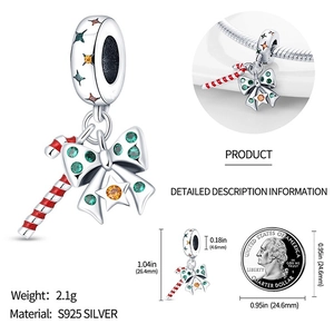 Detail of Christmas candy cane charm in S925 silver with dimensions and weight info