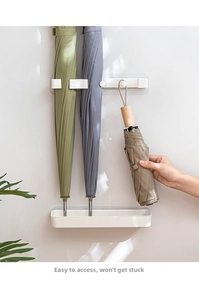 Wall-mounted white umbrella rack with separate drip tray for long and folding umbrellas