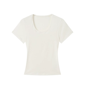 Close-up of a white U-neck short sleeve T-shirt with soft skin-friendly cotton texture
