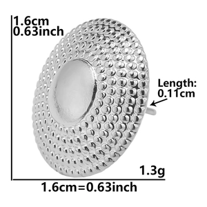 Detail view of 1.6cm irregular round stud earring with textured metal surface and dimensions