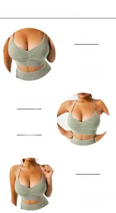 Detail view of ribbed yoga bra featuring ruching design and double shoulder straps
