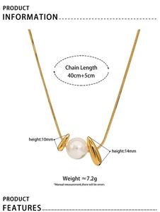 Detailed size chart of gold stainless steel necklace with pearl pendant measurements