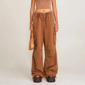 Women Cotton Wide Leg Cargo Pants Drawstring Waist Multi Pocket Pleated Retro Streetwear Paratrooper Trousers