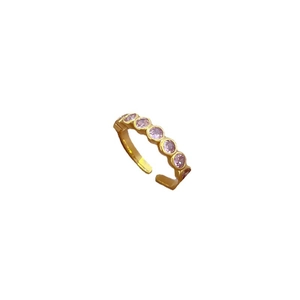 Minimalist gold plated open ring featuring seven sparkling pink zircon gemstones