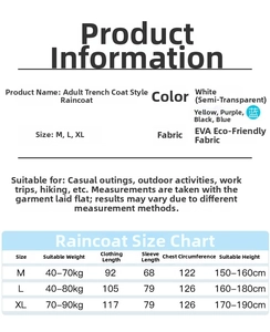 Detailed size chart for EVA waterproof raincoat including height and weight specifications