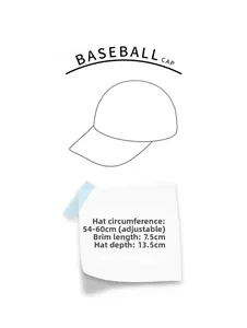 Size chart showing baseball cap dimensions with 54-60cm circumference and 7.5cm brim