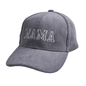 Detail of grey corduroy baseball cap with high-quality white MAMA 3D embroidery