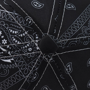 Macro shot of paisley print baseball cap top with white contrast stitching and fabric button