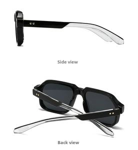 Side and back view of retro black sunglasses featuring transparent temples and gold rivets