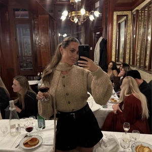 Oatmeal cable knit cardigan with matching scarf and button-up lantern sleeves