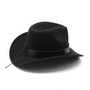 Chapeau de cowboy en feutre noir avec bande en cuir pour hommes et femmes