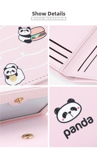 Dettagli del portafoglio panda rosa con scomparti per carte e finestra ID