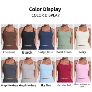 Detailed color matrix of nine high-stretch solid workout yoga tanks with square necklines
