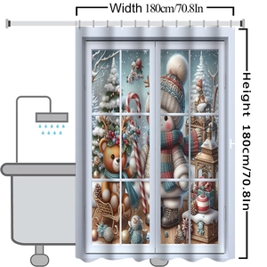 Detail view of Christmas shower curtain with snowman and bear prints in 180x180cm size