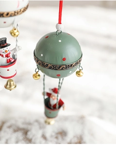 Detail showing hand-painted hot air balloon ornament with Santa and snowman figurines
