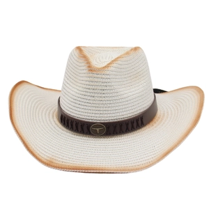Chapeau De Cowboy Occidental Paille Tissée Large Bord Protection Solaire Bande En Similicuir Emblème De Tête De Taureau