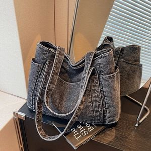 Large capacity washed black denim tote bag with side pockets and casual shoulder straps