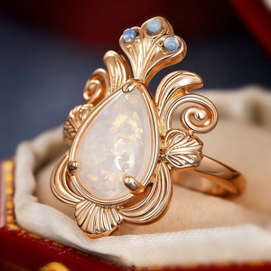 Vintage gold pear-shaped opal ring with intricate leaf patterns in a red velvet box