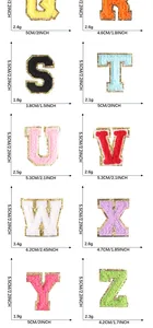 Detailed size chart for chenille letter patches with gold glitter borders for garments