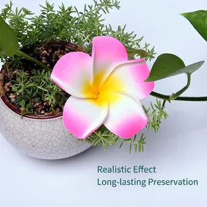 Realistic pink and white gradient frangipani hair clip with yellow center by a green plant