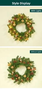 Detail of 40cm Christmas wreath with LED lights, pine cones, cinnamon, and golden bells