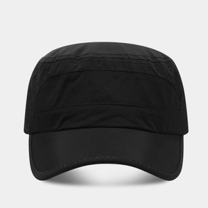Men's black flat top cadet cap in lightweight breathable fabric for sun protection