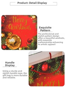 Detailed view of large red Christmas gift bag with gold glitter text and twisted rope handle