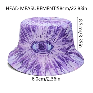 Detail view of purple bucket hat with unique eye pattern and 58cm size dimensions