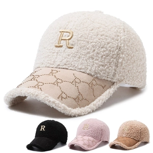 Baseball Cap Lamb Velvet Embroidery Letter R Rhinestone Brim Winter Warm Adjustable Fashion Casual For Women