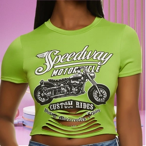 Neon green cropped t-shirt with vintage motorcycle print and distressed hem detail