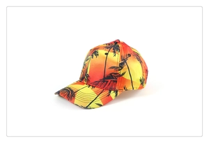 Dettaglio del cappellino da baseball con stampa sfumata arancione e sagome di palme nere