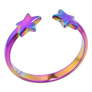 Detailed macro view of rainbow gradient star ends on an adjustable stainless steel ring