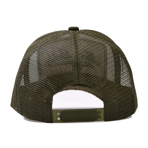Rear view of army green mesh trucker hat featuring breathable net and adjustable snapback closure