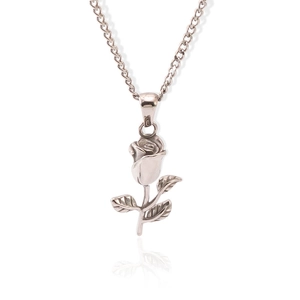 Macro shot of silver stainless steel 3D rose flower pendant necklace with fine petals