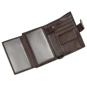 Detail view of coffee leather trifold wallet with multiple card slots and snap coin pocket
