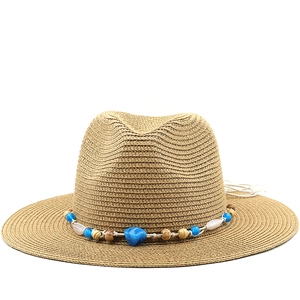 Unisex Summer Straw Fedora Hat Wide Brim Sun Protection Bohemian Beaded Band Panama Beach Sunhat Vintage Ethnic Style