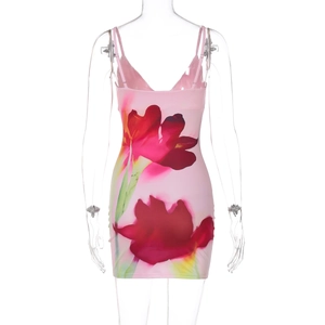Detailed front view of a pink bodycon mini dress with bold red floral patterns on a mannequin