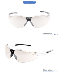 Front and side views of sports cycling glasses with clear frames and silver mirror lenses