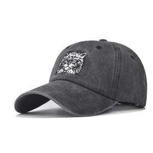 Washed Cotton Baseball Cap Distressed Cat Dog Embroidery Adjustable Vintage Dad Hat Sun Protection Outdoor Unisex Sport