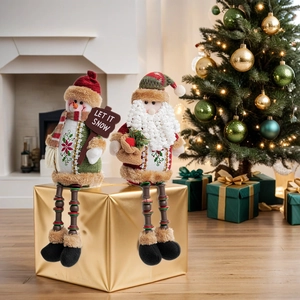 Christmas sitting plush dolls snowman and Santa with long beaded legs festive home decor